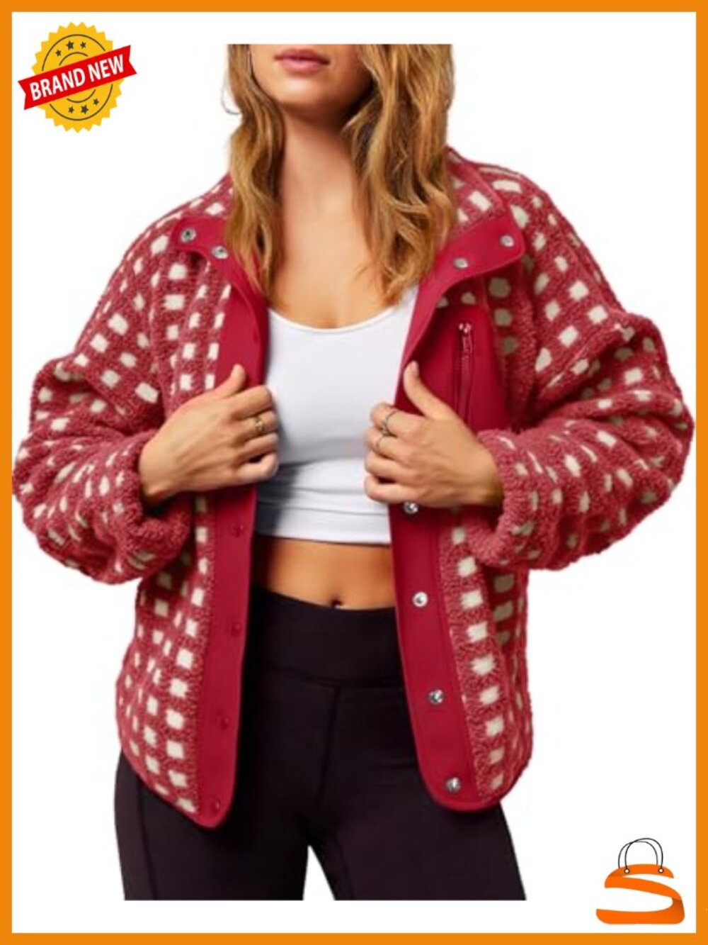 Fleece Sherpa Jacket Checkered Button Down Winter Coat